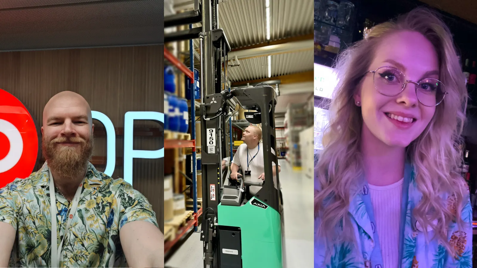 Three photos: Ville at the office, Jani driving a forklift in a warehouse, and Emma in a selfie.