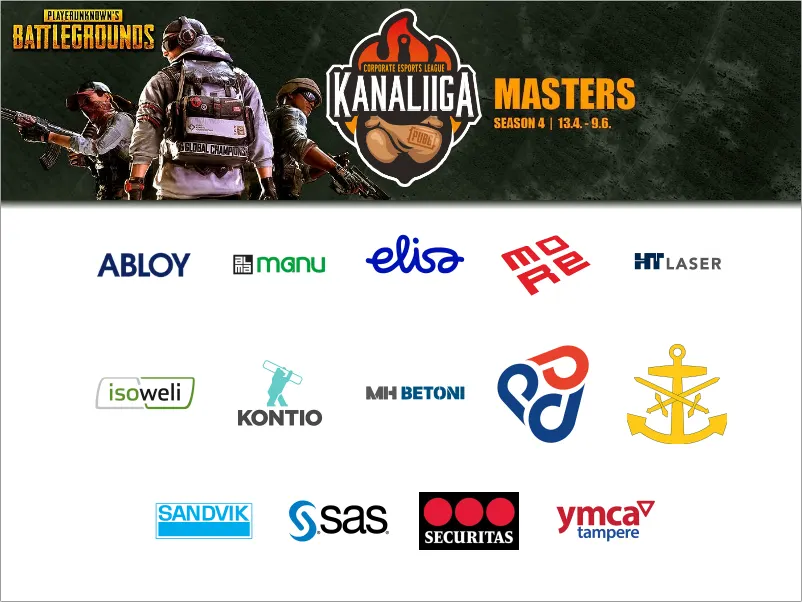 Kanaliiga PUBG Masters Season 4 13.4.–9.6. Mukana olevien yritysten logot, muun muassa Abloy, Alma Manu, Elisa, HT Laser, Isoweli, Kontio, MH Betoni, Procemex, Sandvik, SAS, Securitas ja YMCA Tampere.