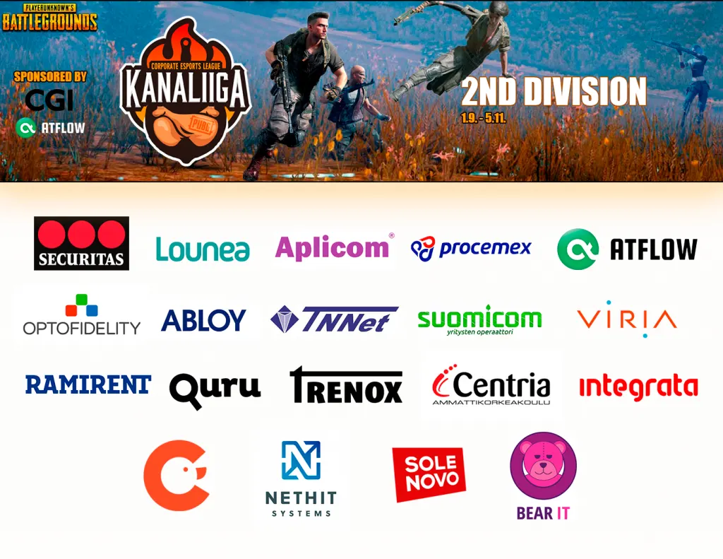 PUBG Squad Season 5 2nd Division 1.9.–5.11. Mukana olevien yritysten logot, muun muassa Securitas, Lounea, Aplicom, Procemex, AtFlow, OptoFidelity, Abloy, TNNet, Suomicom, Viria, Ramirent, Quru, Trenox, Centria-ammattikorkeakoulu, Integrata, Nethit Systems, Sole Novo ja Bear IT.
