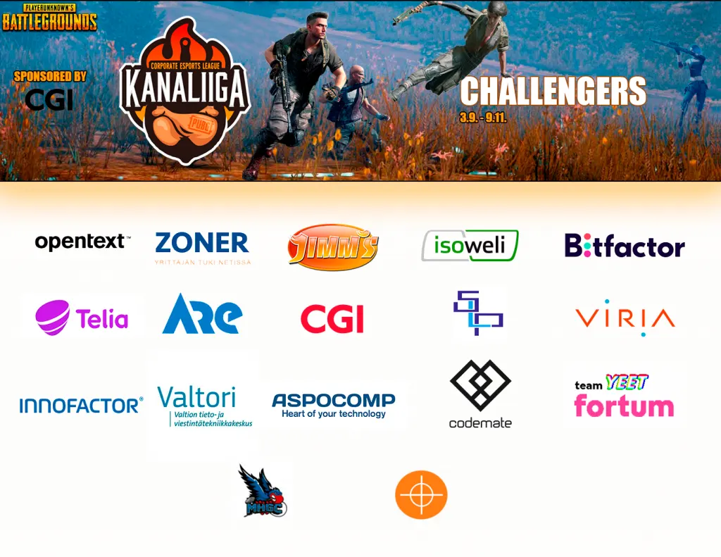 PUBG Squad Season 5 Challengers, 3.9.–9.11. Logos of the competing companies, including OpenText, Zoner, Jimm's, Isoweli, Bitfactor, Telia, CGI, Viria, Innofactor, Valtori, Aspocomp, Codemate and Team Yeet Fortum.