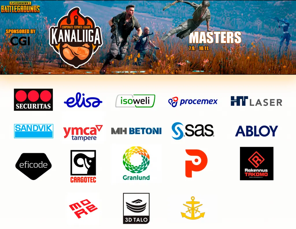 PUBG Squad Season 5 Masters 7.9.–10.11. Mukana olevien yritysten logot, muun muassa Securitas, Elisa, Isoweli, Procemex, HT Laser, Sandvik, YMCA Tampere, MH Betoni, SAS, Abloy, Eficode, Cargotec, Granlund, Rakennus Takomo ja 3D Talo.