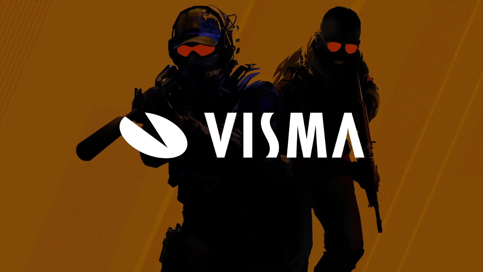 Visman logo CS2-pelihahmojen siluettien päällä oranssilla taustalla.